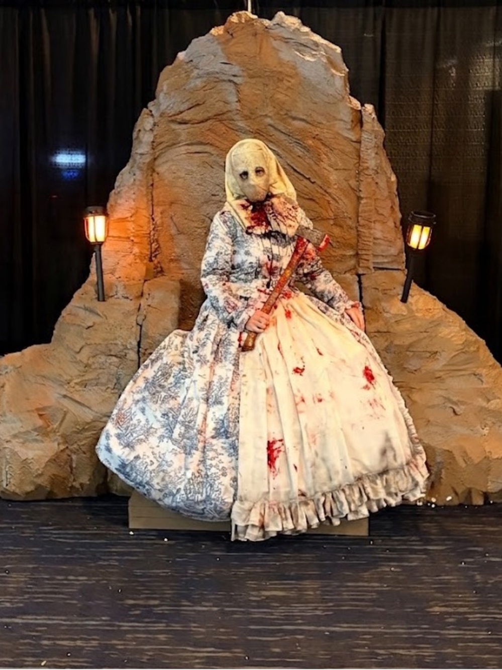 Blue Toile & Cream Blood-Splattered Victorian Gown with Mask - Guillotine Queen